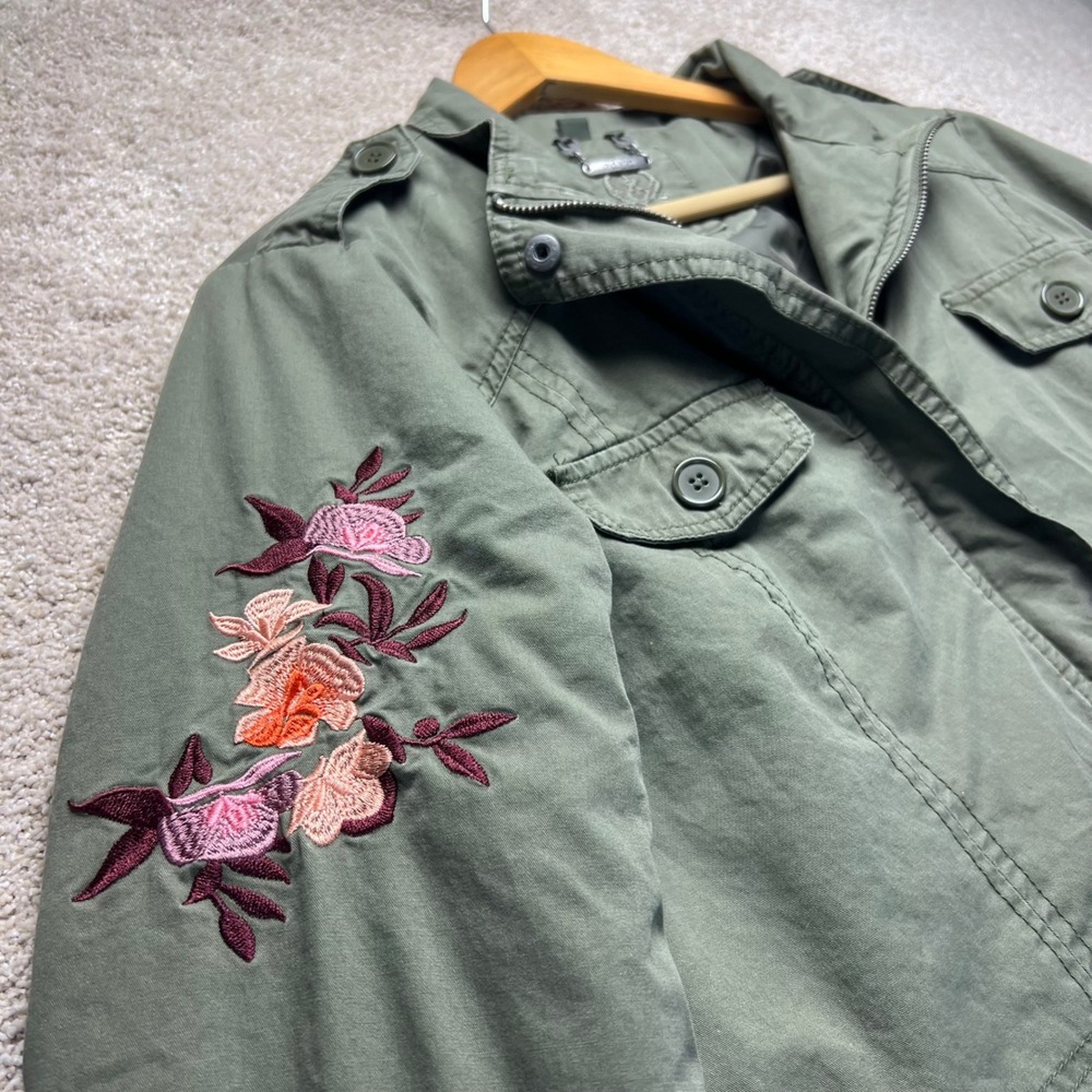 Odyn Womens Olive‎ Green Floral Embroidered Utility Field Jacket L Chore Pockets